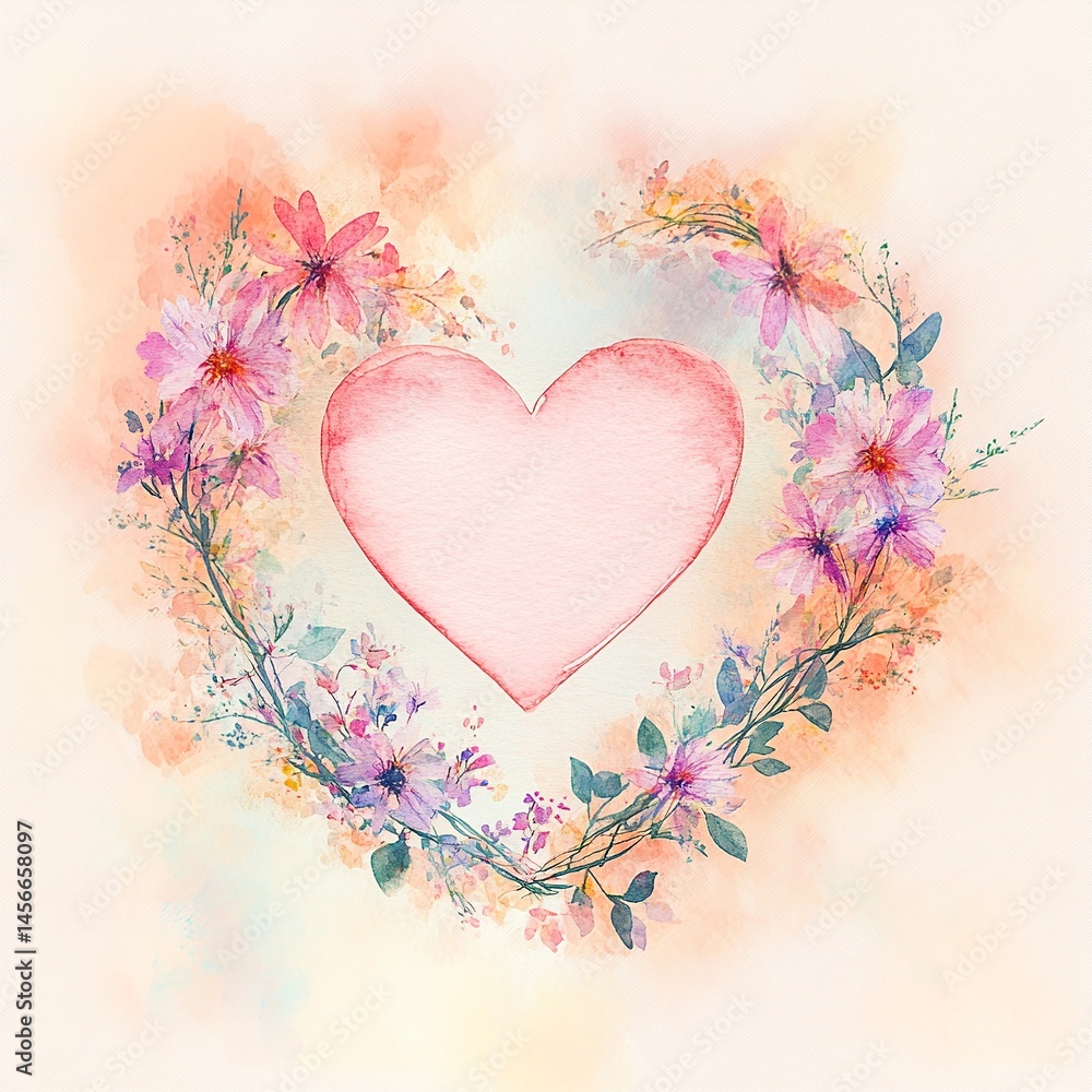 Aufkleber greeting card with floral background and a central heart shape featuring blank space for personalize