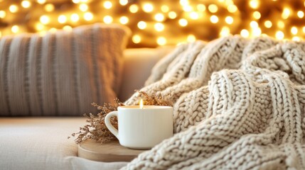 Cozy Home Still Life with Candle Mug and Knit Blanket on Couch with Bokeh Lights Indoors