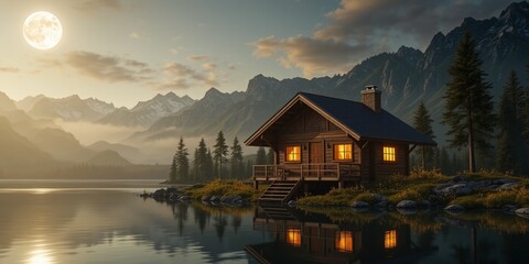 Fototapeta premium Moonlit Cabin by the Lake, Firefly Magic