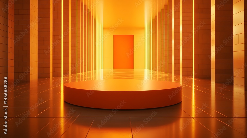 Poster empty orange circular platform in a luminous hall.