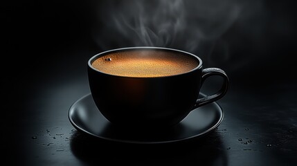 Fototapeta premium A steaming cup of coffee in a black cup and saucer, against a dark background. Steam rises gracefully, and the textured coffee surface adds warmth and appeal