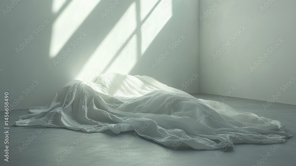 Poster white fabric draped on floor in minimalist room with window light abstract conceptual still life low