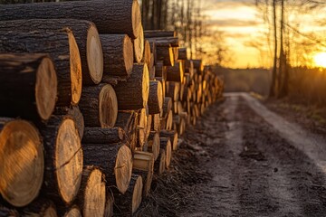 Stacked logs forming large wooden wall at sunset