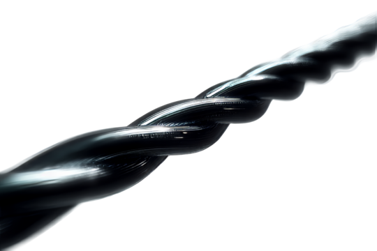 Close up of twisted black cable on transparent background