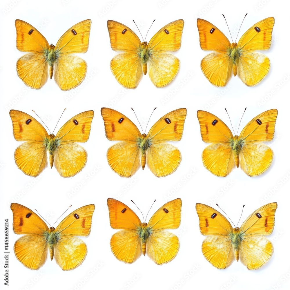 Aufkleber group of nine clouded sulphur butterflies isolated on white background overhead close up studio shot