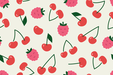 seamless pattern with cherry and raspberry fruits, perfect for summer-themed apparel, home decor, packaging, stationery items and and greeting cards - vector illustration