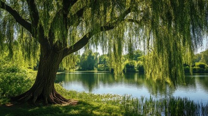 Lush willow tree over tranquil lake