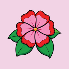 Fototapeta premium Stylized pink flower illustration with red borders, vibrant floral vector art with green leaves, decorative blossom icon for greeting cards