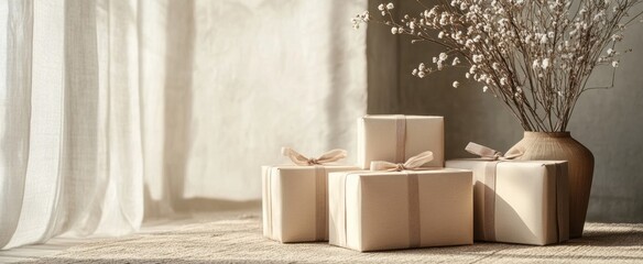 A serene composition featuring elegant gift boxes with soft ribbons and a vase of dried flowers, beautifully lit by warm sunlight in a cozy room.