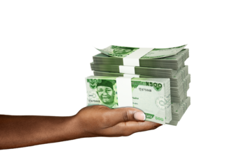 Hand Holding 3D rendering of stacks of 500 Nigerian Naira notes isolated on transparent background