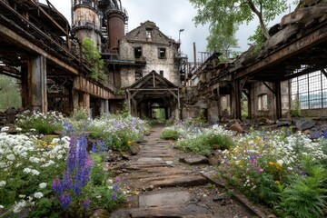 Fototapeta premium Wildflowers bloom among ruins of an abandoned industrial building, blending nature with decay under a cloudy sky.