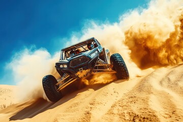 Off-roading UTV rally buggy racing over sand dunes