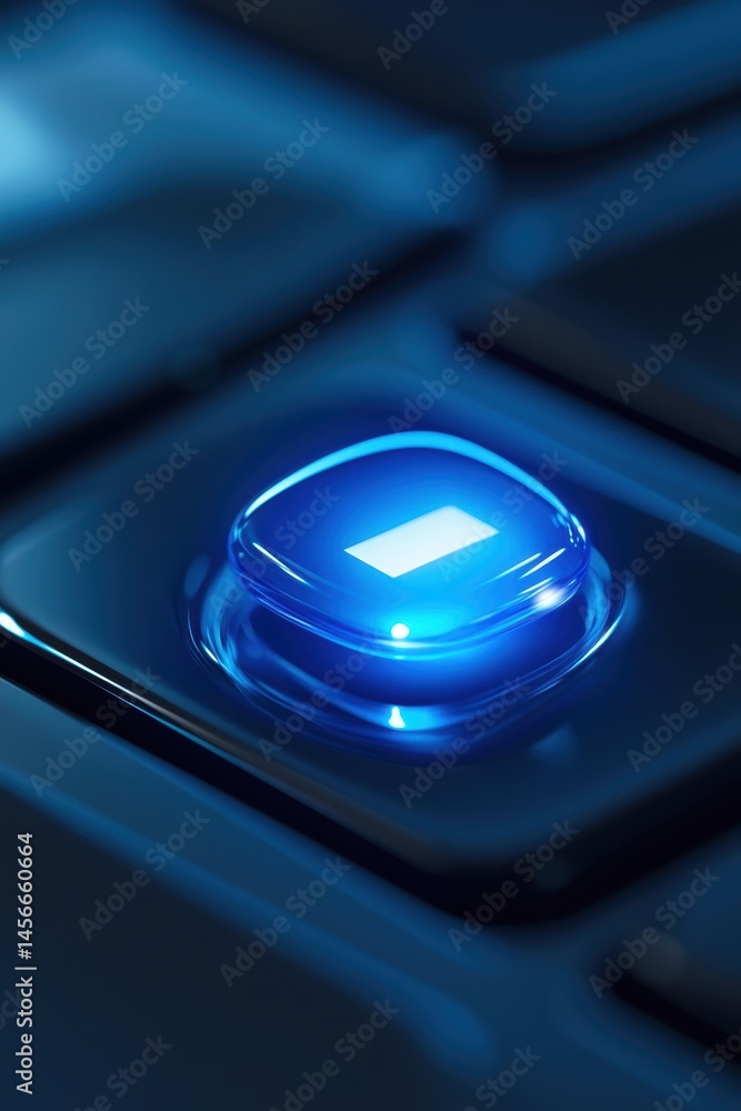 Poster close up of blue keyboard key with minus symbol illuminated in modern style studio shot technology