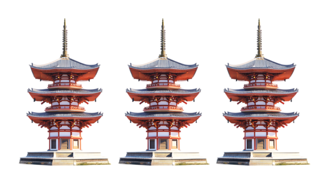 Collection Pack of Three Japanese Pagodas Architectural Design set against transparent background