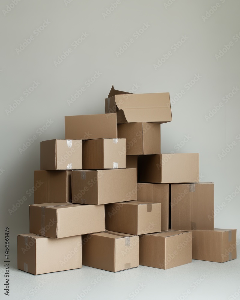 Aufkleber Stack of Cardboard Boxes in Studio Setting for Moving or Storage Concept Overhead Shot with Neutral Background