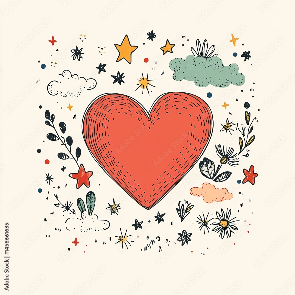 Poster greeting card with floral background and a central heart shape featuring blank space for personalize