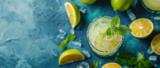 Margarita cocktails with limes and mint on a textured vibrant color background with ice. Top down view of sliced lemon and green leaves with cocktail. Flat lay composition with copy space. AIG55.
