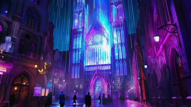 This vibrant, glowing cathedral features a modern design illuminated by colorful projections at night.