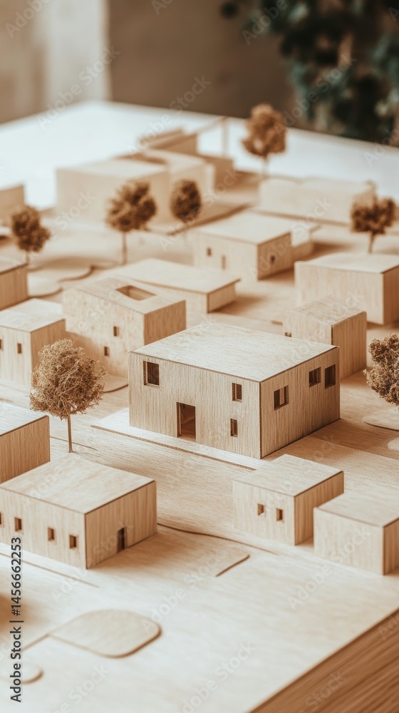 Aufkleber Architectural Model Displaying Urban Planning and Design with Miniature Buildings and Trees in Soft Light Studio Shot