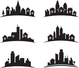 Naklejka premium city skyline silhouette, black cityscape vector, urban skyline illustration