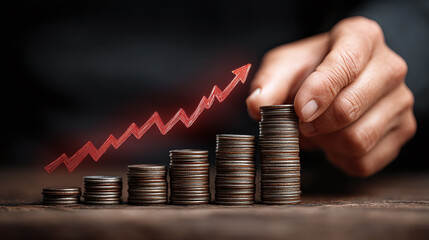 Hand stacks coins on increasing columns with financial graph. Concept of savings investment growth, finance, banking