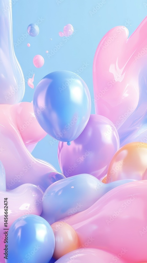 Poster Abstract pastel balloons floating in air 3D render close-up studio shot with soft pink and blue colors for modern design and background