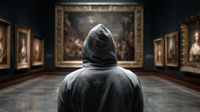 Hooded figure stands before museum painting. Artwork heist crime concept. Thief in gallery planning robbery. Criminal contemplates stealing invaluable