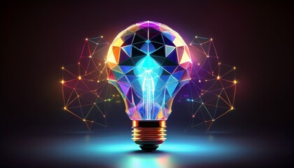 innovation technology with holographic glowing low polygonal light bulb dark background abstract