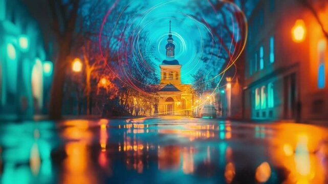 This modern church sits under a bright dome, amidst glowing trees and shiny wet pavement.