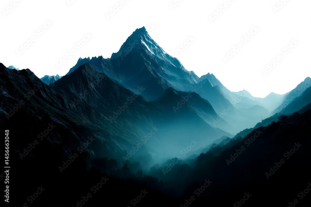 Poster majestic mountain range with mist at dawn in tranquil nature setting