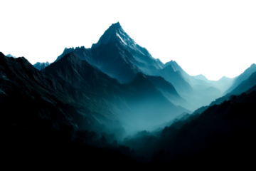 Majestic mountain range with mist at dawn in tranquil nature setting