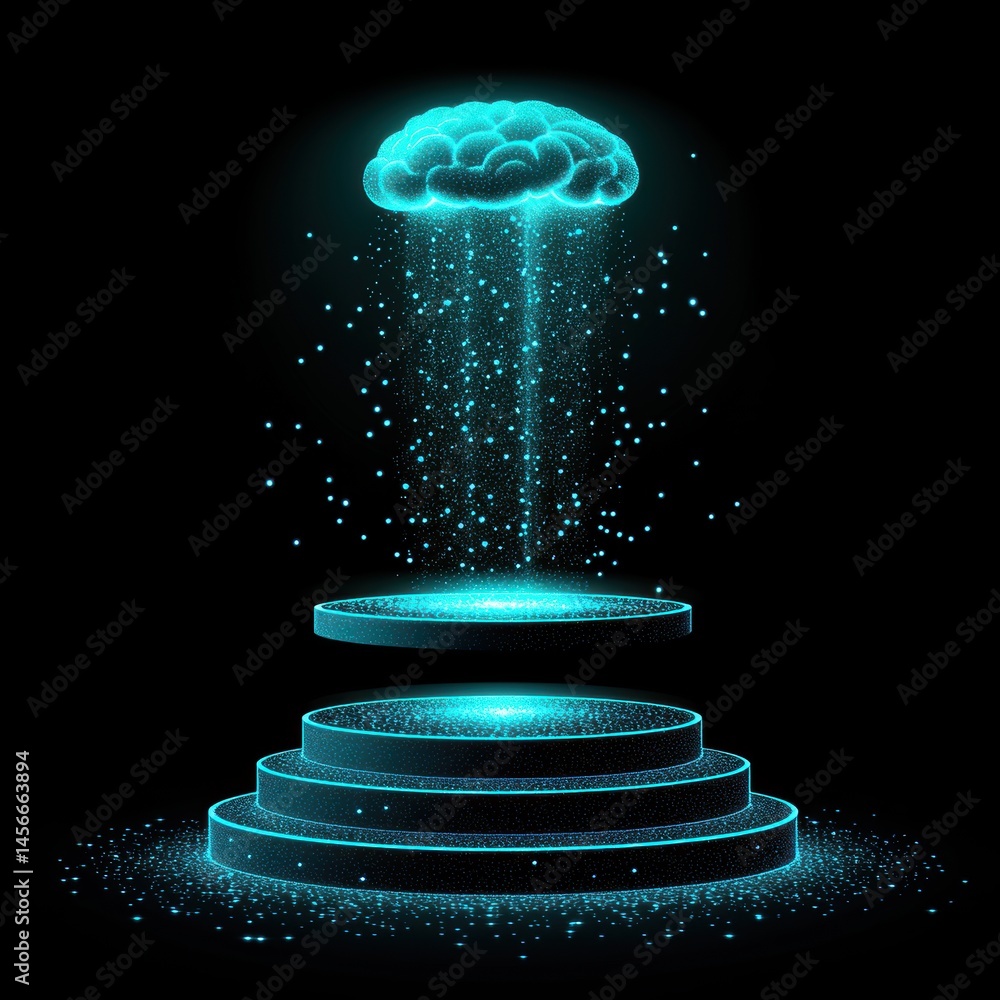 Poster Digital brain on platform with glowing particles in dark studio shot representing artificial intelligence and futuristic technology