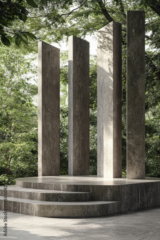 Aufkleber stone pillars on platform in forest setting architecture photography elegant minimalist design outdo