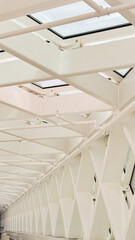 Modern architectural ceiling with geometric patterns and skylights showcases innovative structural...