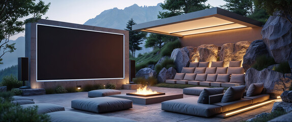 Luxurious outdoor home theater experience in natural mountain landscape at twilight