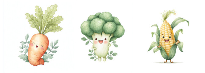 Cute cartoon vegetables with smiles in a cheerful arrangement showcasing a carrot, broccoli, and corn against a plain background