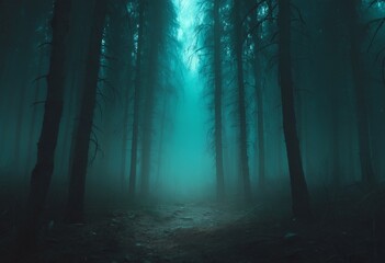 Obraz premium A forest clearing at twilight with towering trees has a surreal quality to it