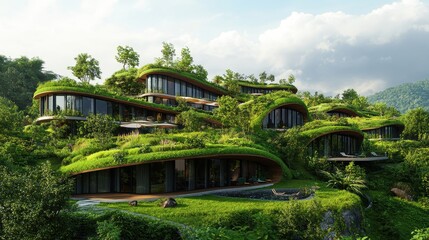 High-detail 3D visualization of an eco-friendly hotel with green roofs, rainwater harvesting systems, and energy-efficient design elements.