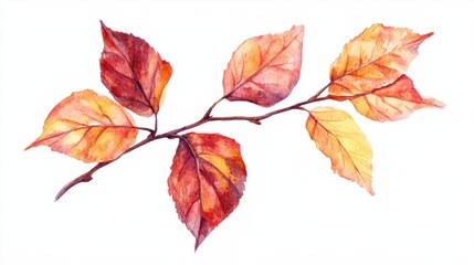 Fototapeta premium This beautiful watercolor artwork features a branch with vibrant autumn leaves, showcasing rich colors like yellow, orange, and red. Perfect for seasonal decor.