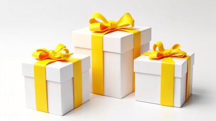 Obraz premium Three white gift boxes with yellow ribbons tied around them.
