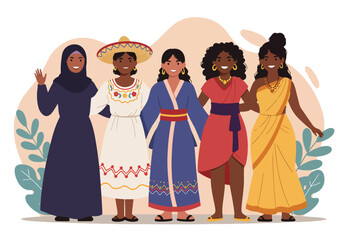 Adobe Illustrator Artwork Vibrant flat vector illustration celebrating Woman Power! Diverse women stand united, showcasing multicultural strength and empowerment