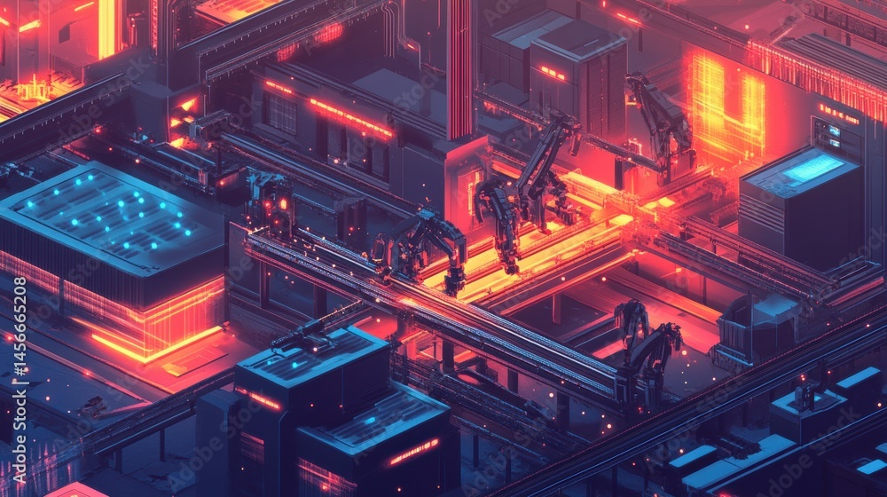Poster robotic arms assembly line manufacturing futuristic factory isometric view industrial automation tec