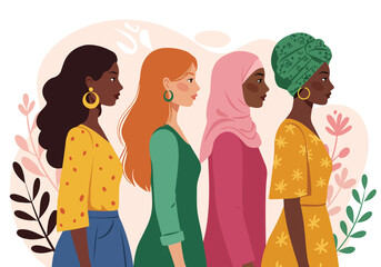 Adobe Illustrator Artwork Vibrant flat vector illustration celebrating Woman Power! Diverse women stand united, showcasing multicultural strength and empowerment