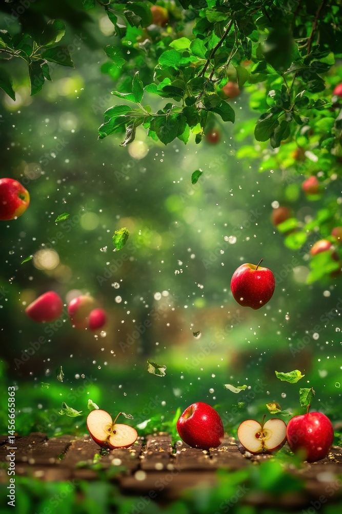Aufkleber Apples falling from tree in orchard during rain shower low angle view with leaves and water drops in summer