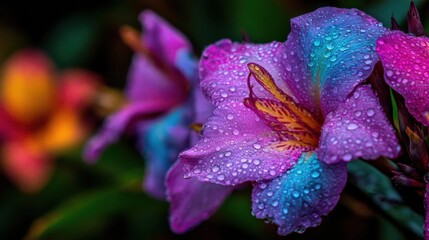 Vibrant Purple and Blue Flower Petals Covered in Dew Drops A Close Up Macro Photograph of a Stunning Canna Lily