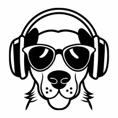 Cool Dog in Headphones and Sunglasses - Vector Graphic Illustration in Black.