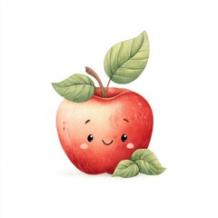 Cute red apple with smiling cartoon face, watercolor style, green leaves, kawaii fruit character, white background