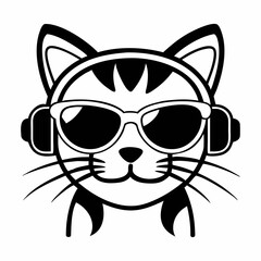 Cool Cat Wearing Sunglasses and Headphones, Black and White Vector Illustration.