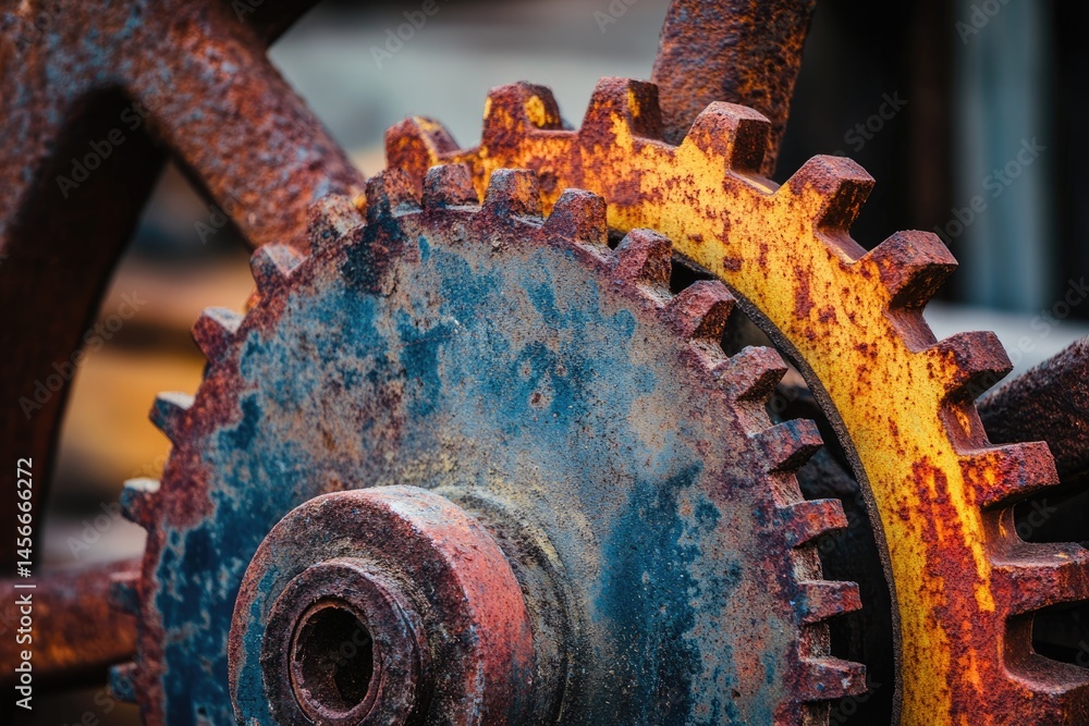 Poster close-up of two rusty gears interlocked, showing intricate detail and texture of aged metal.
