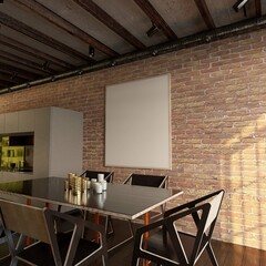  poster framed mockup in industrial modern diningroom. 3d illustration